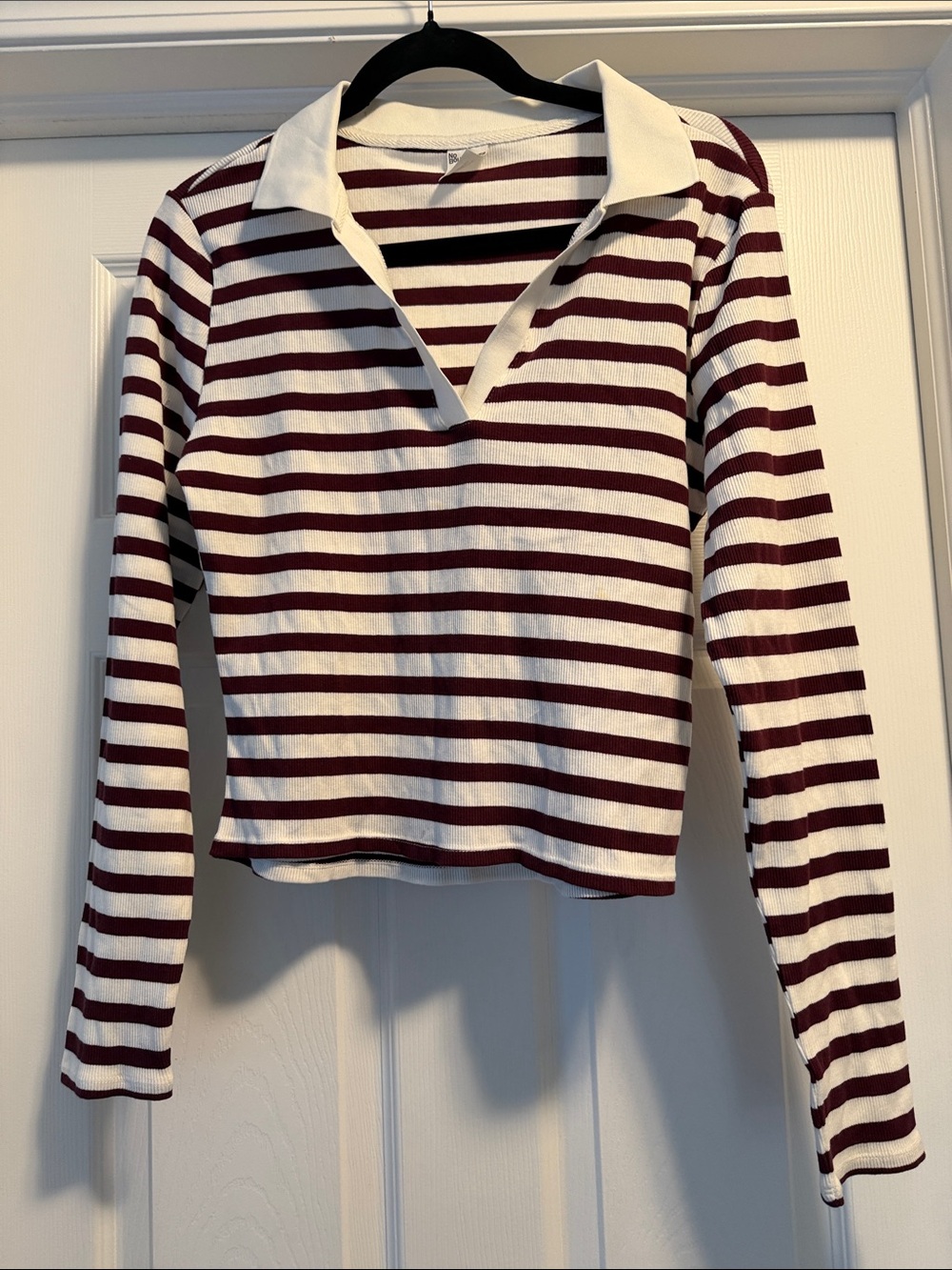 No Boundaries White and Burgundy Striped Long Sleeve Polo Top